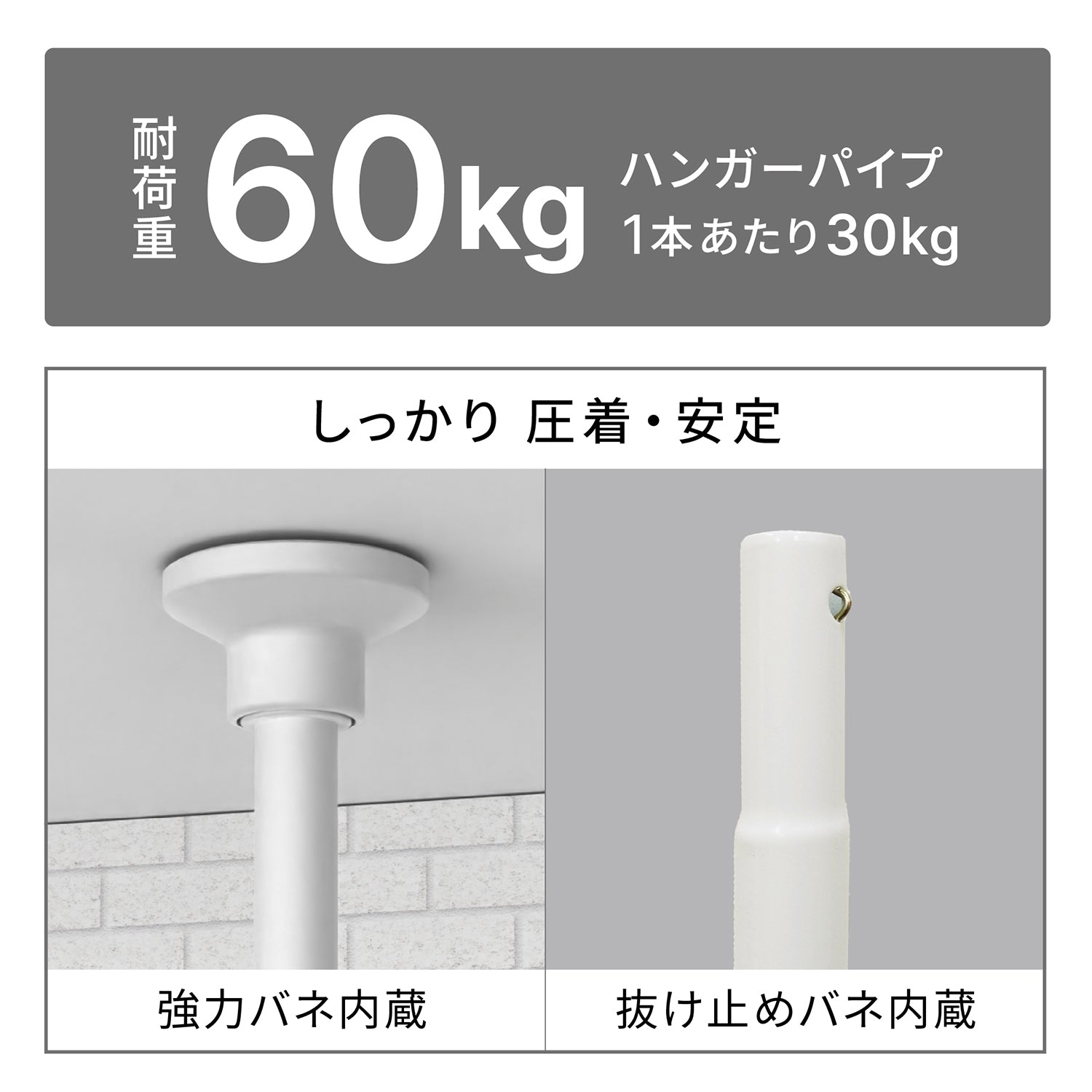 突っ張り伸縮室内2段ハンガー マットホワイト 幅99~162cm 高さ200~275cm TNP-30WH