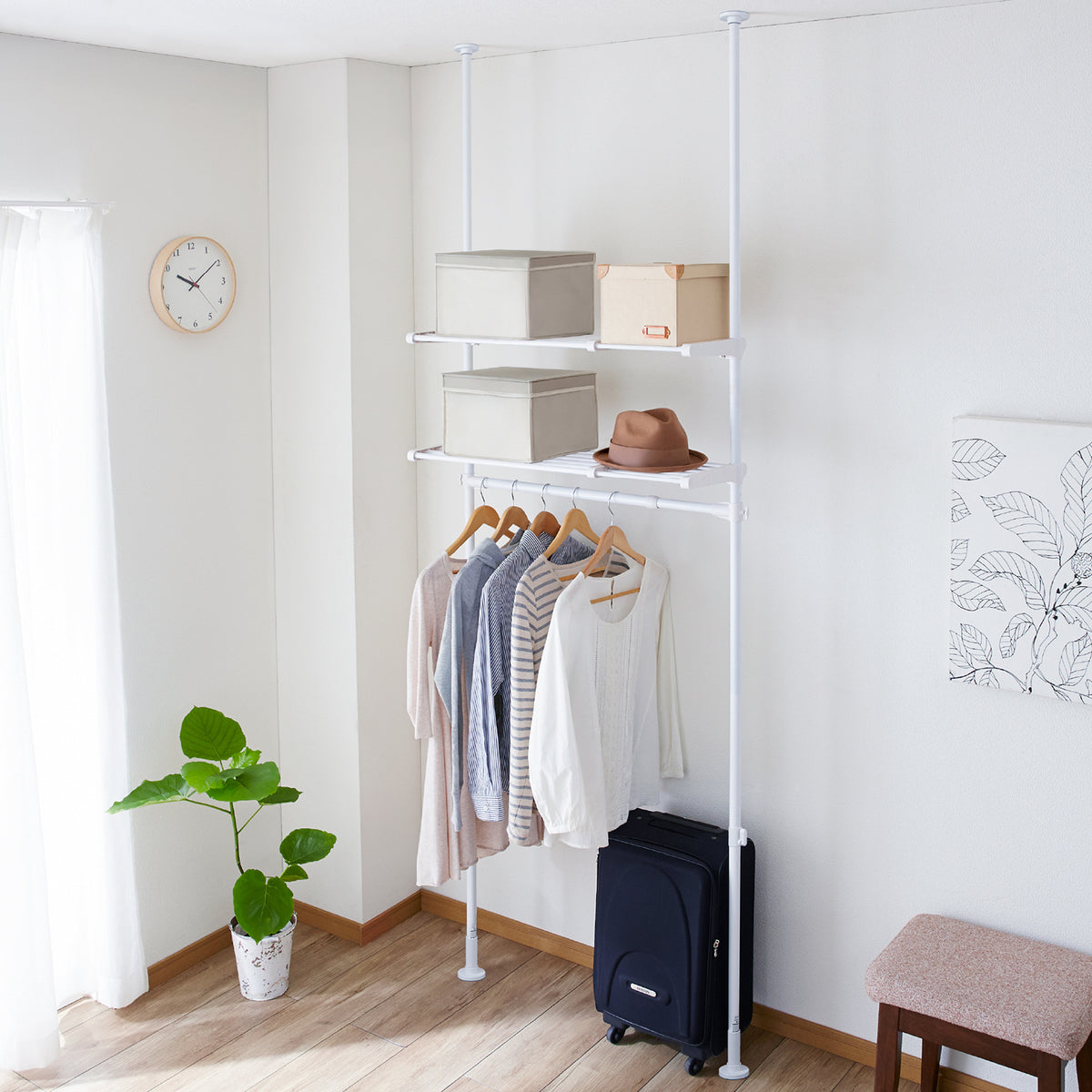 突っ張り伸縮ハンガーラック 棚付 マットホワイト 幅68〜96cm 高さ190〜300cm TNP-50WH