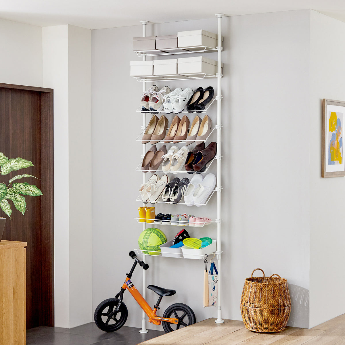 突っ張りシューズラック マットホワイト 24足用 幅72cm 高さ190〜300cm TSR-72WH