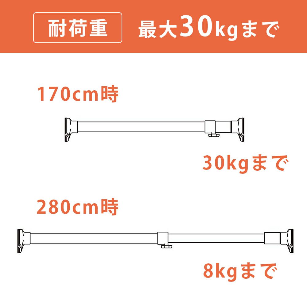 突っ張り棒 強力 マットブラック 耐荷重30〜8kg 幅170〜280cm RTB-170