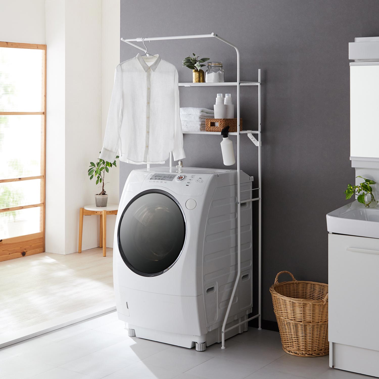 伸縮ランドリーラック ハンガーバー付き マットホワイト 幅61~82cm HSR-2WH
