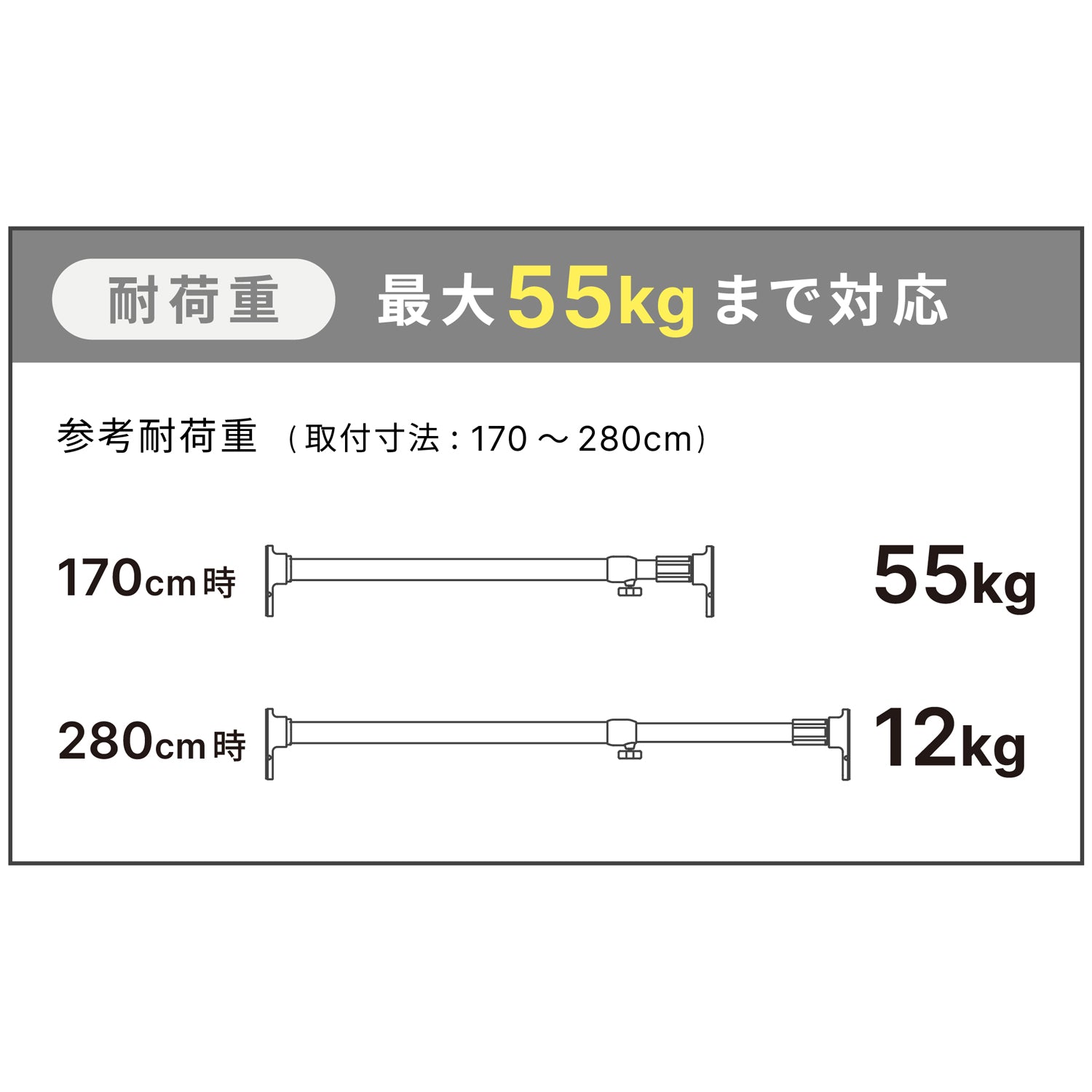 突っ張り棒 強力極太 簡単取付 L ホワイト 耐荷重55〜12kg 幅170〜280cm OGP-170