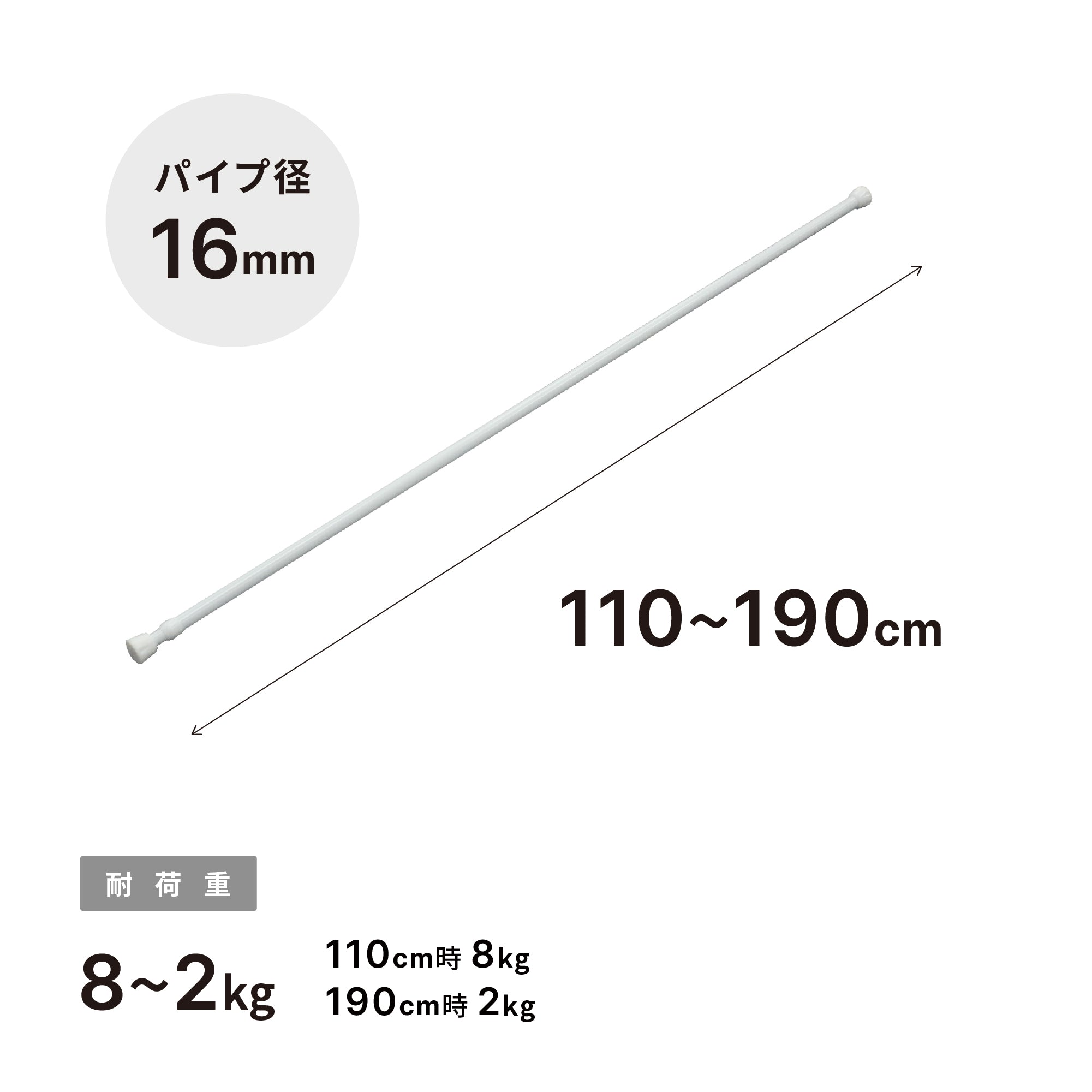 突っ張り棒 ホワイト 耐荷重8〜2kg 幅110〜190cm NSW-7｜平安伸銅工業