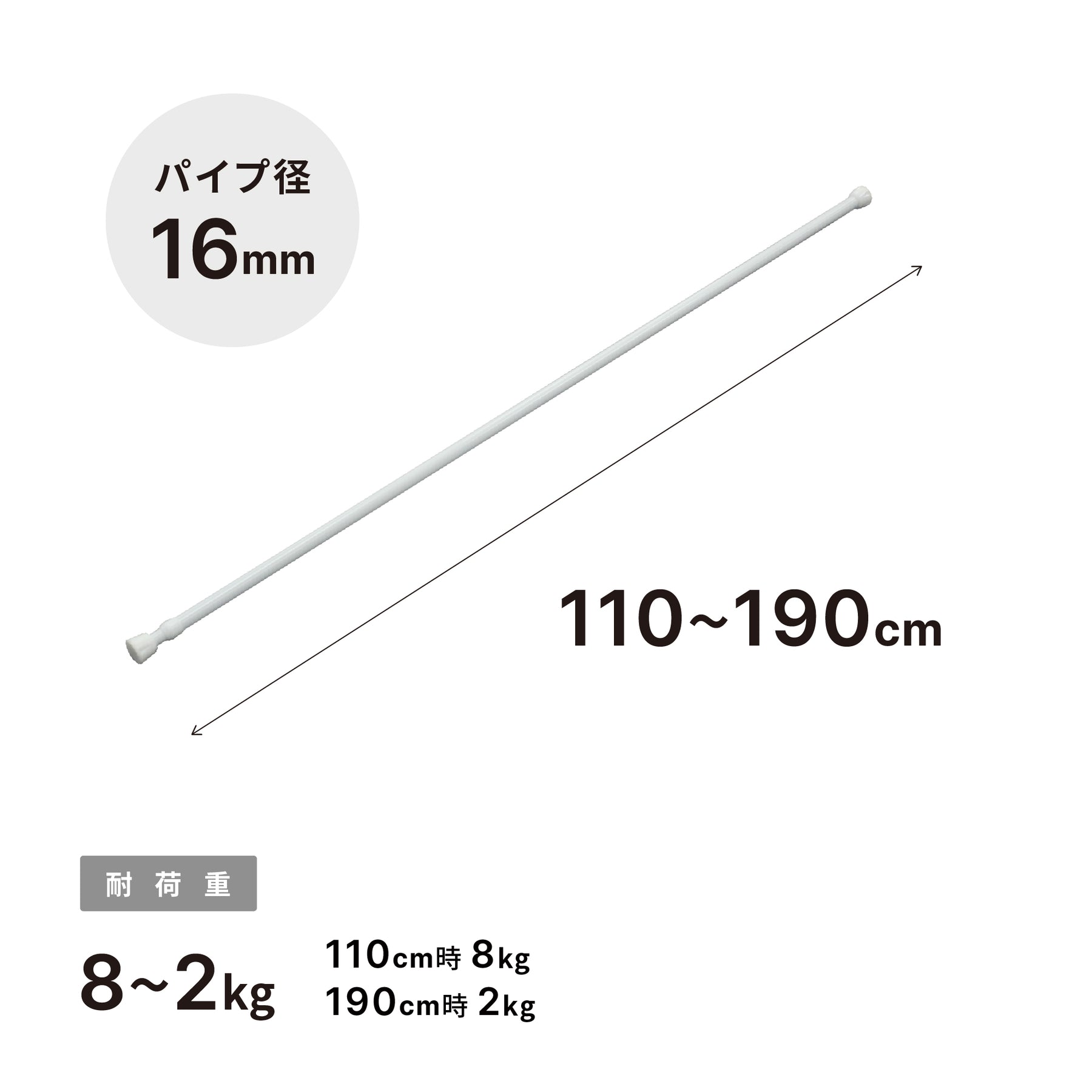 突っ張り棒 ホワイト 耐荷重8〜2kg 幅110〜190cm NSW-7｜平安伸銅工業