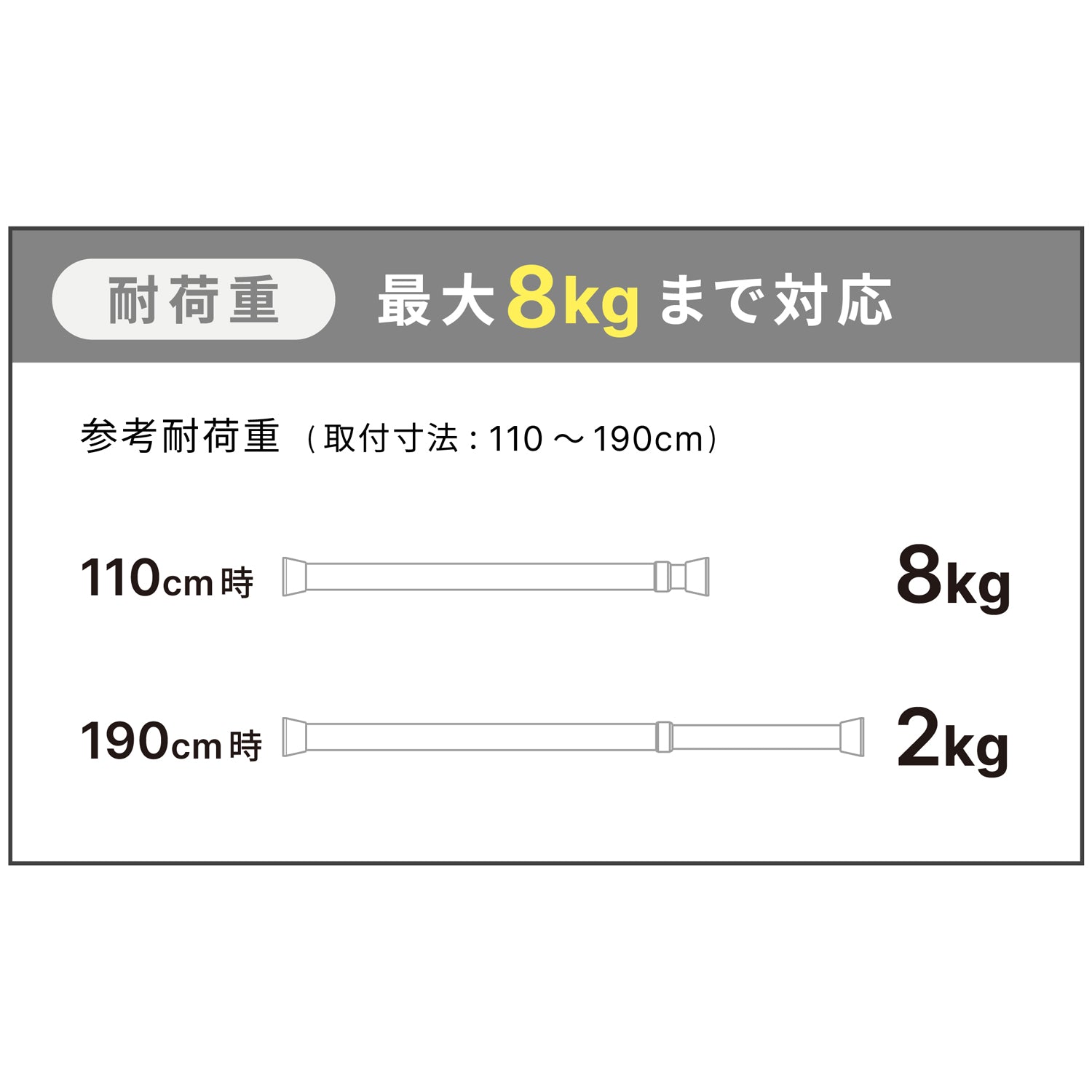 突っ張り棒 リング付 ホワイト 耐荷重8〜2kg 幅110〜190cm NSW-9