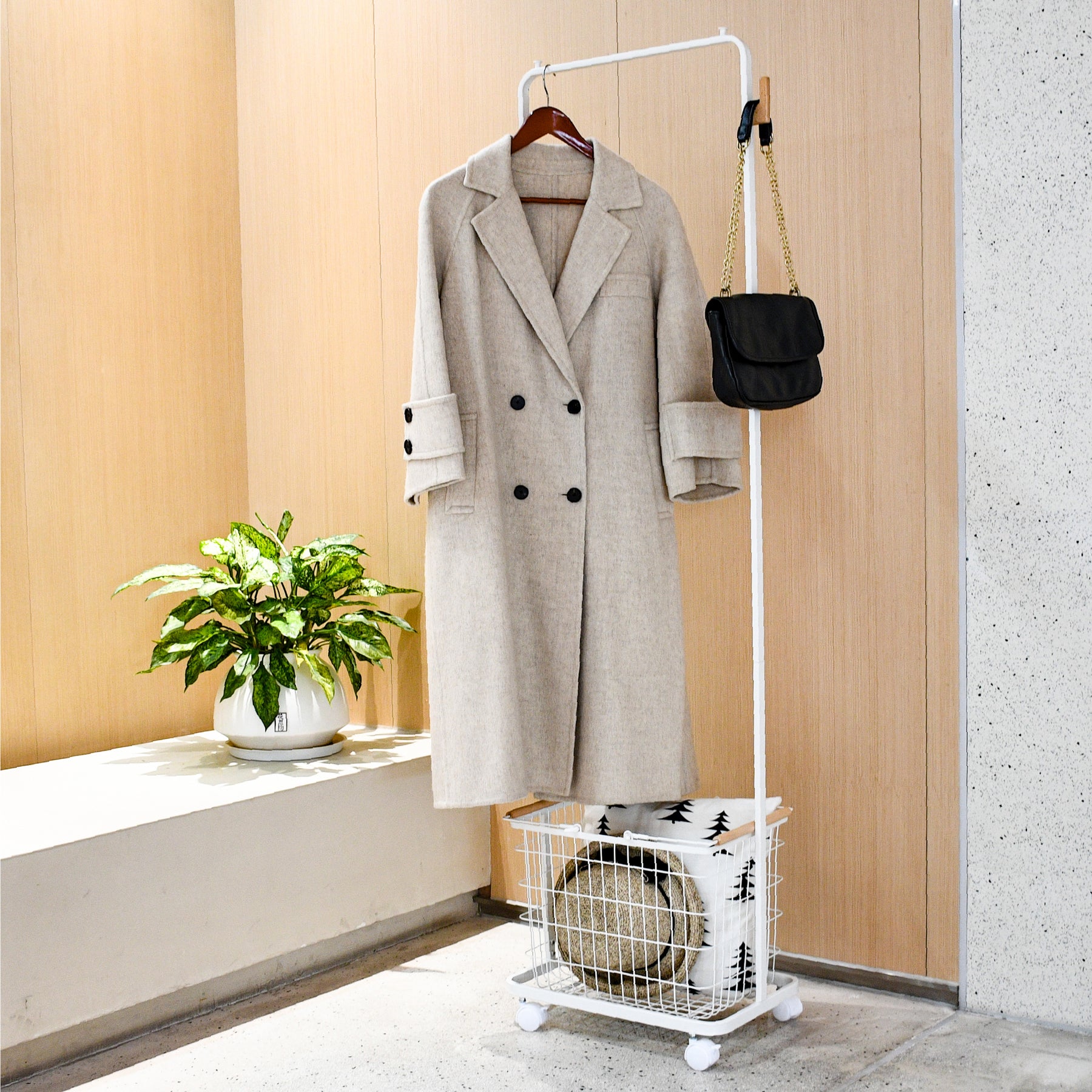 かご付きハンガーラック マットホワイト 幅46.5cm NWL-1