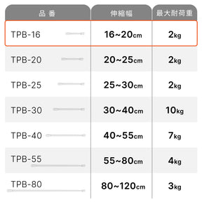 突っ張り棒 マットホワイト 耐荷重2kg 幅16〜20cm TPB-16WH