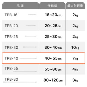 突っ張り棒 マットホワイト 耐荷重7～4kg 幅40〜55cm TPB-40WH