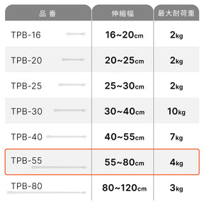 突っ張り棒 マットホワイト 耐荷重4～3kg 幅55〜80cm TPB-55WH