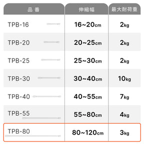 突っ張り棒 マットホワイト 耐荷重3～2kg 幅80〜120cm TPB-80WH